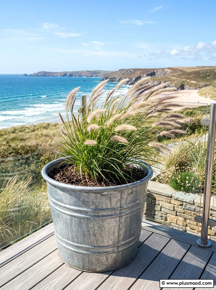 Ornamental grass in zinc pot - 25 summer coastal planter ideas