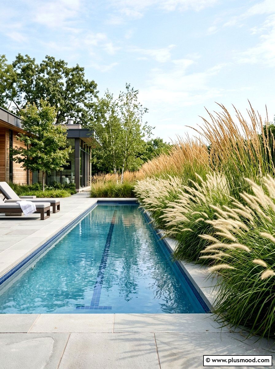 Ornamental grass pool border - 25 pool landscaping ideas with flower beds
