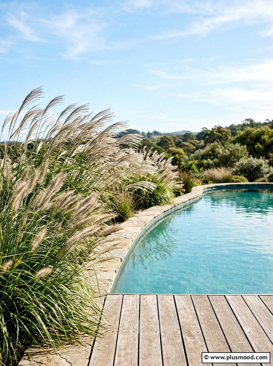 Ornamental grasses around pool - 25 pool landscaping ideas with curved edges