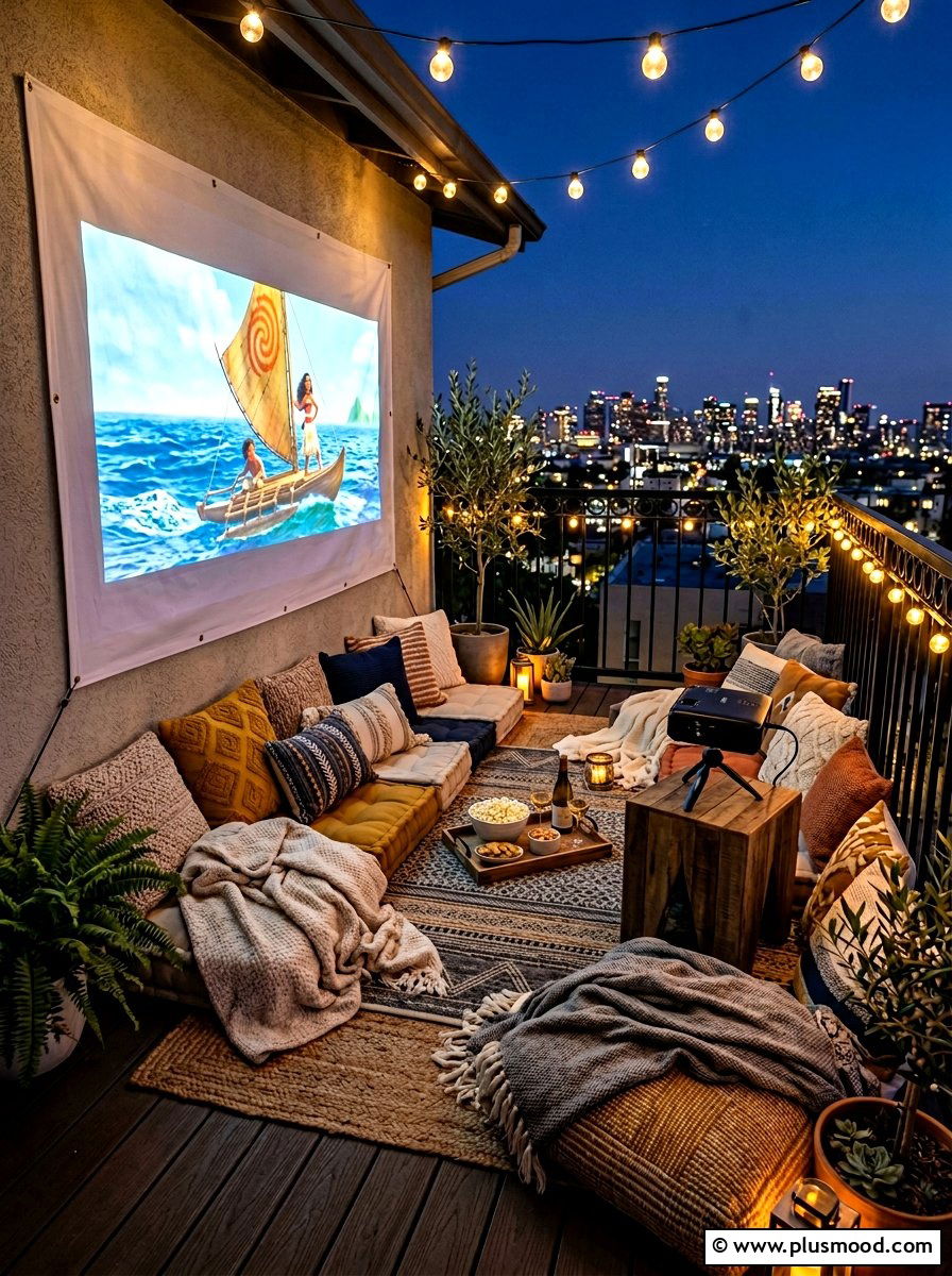 Outdoor Balcony Movie Night - 25 summer apartment patio ideas