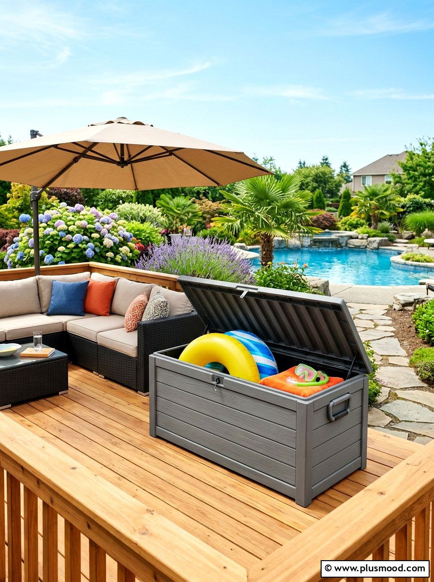 Outdoor Deck Box - 25 summer pool float storage ideas