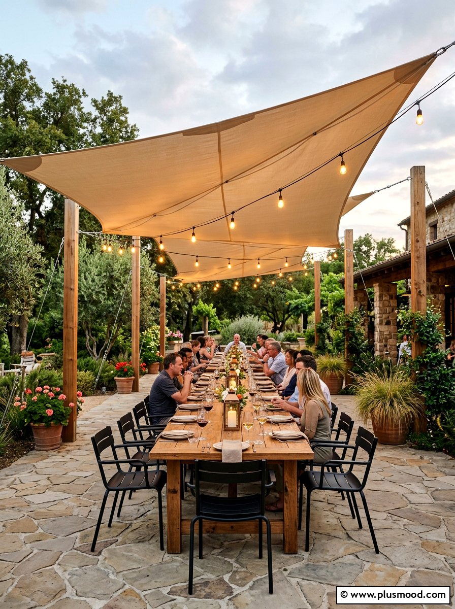 Outdoor Dining Area With Large Sun Sail - 25 small backyard ideas with shade sail