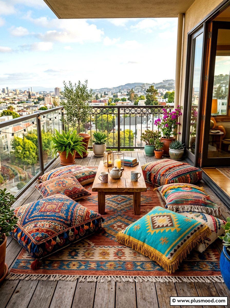 Outdoor Floor Pillows - 25 summer renter friendly balcony ideas