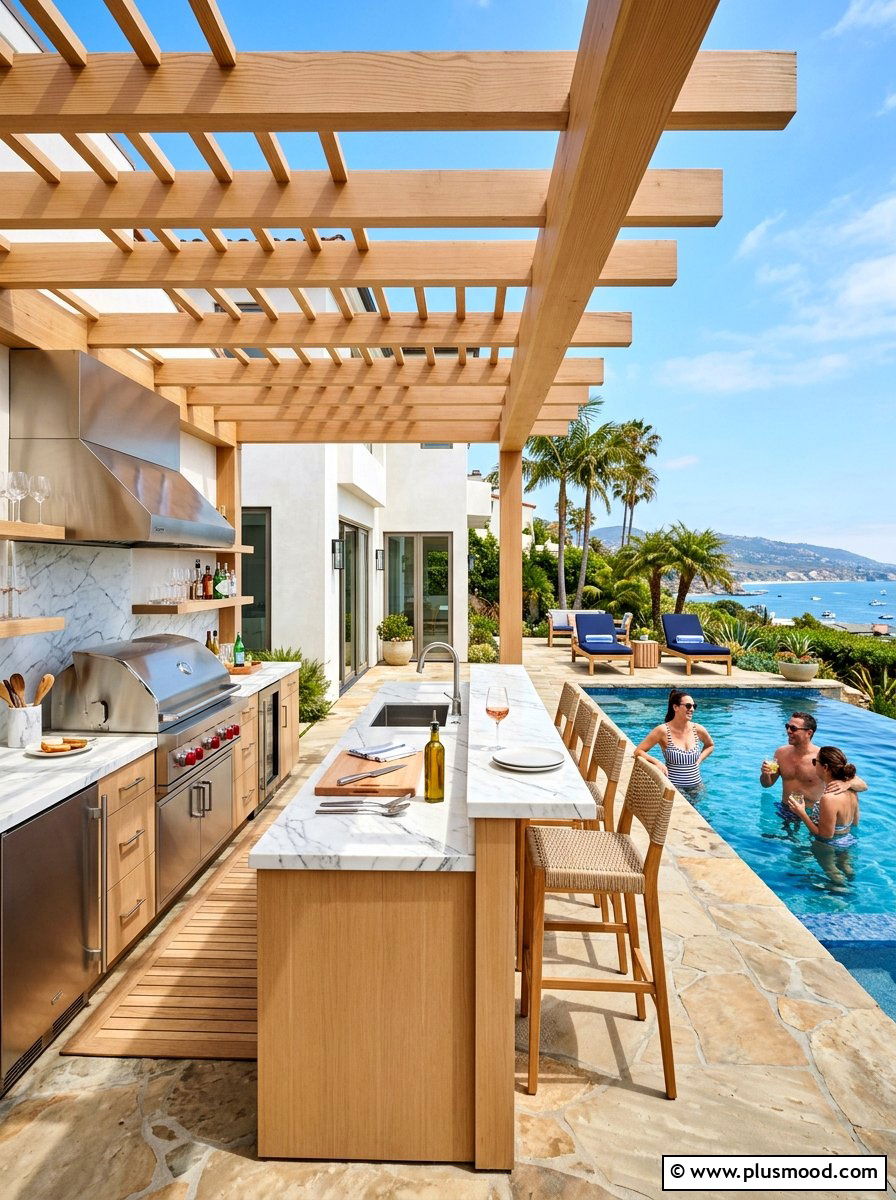 Outdoor Kitchen Near Pool - 25 summer coastal pool area ideas
