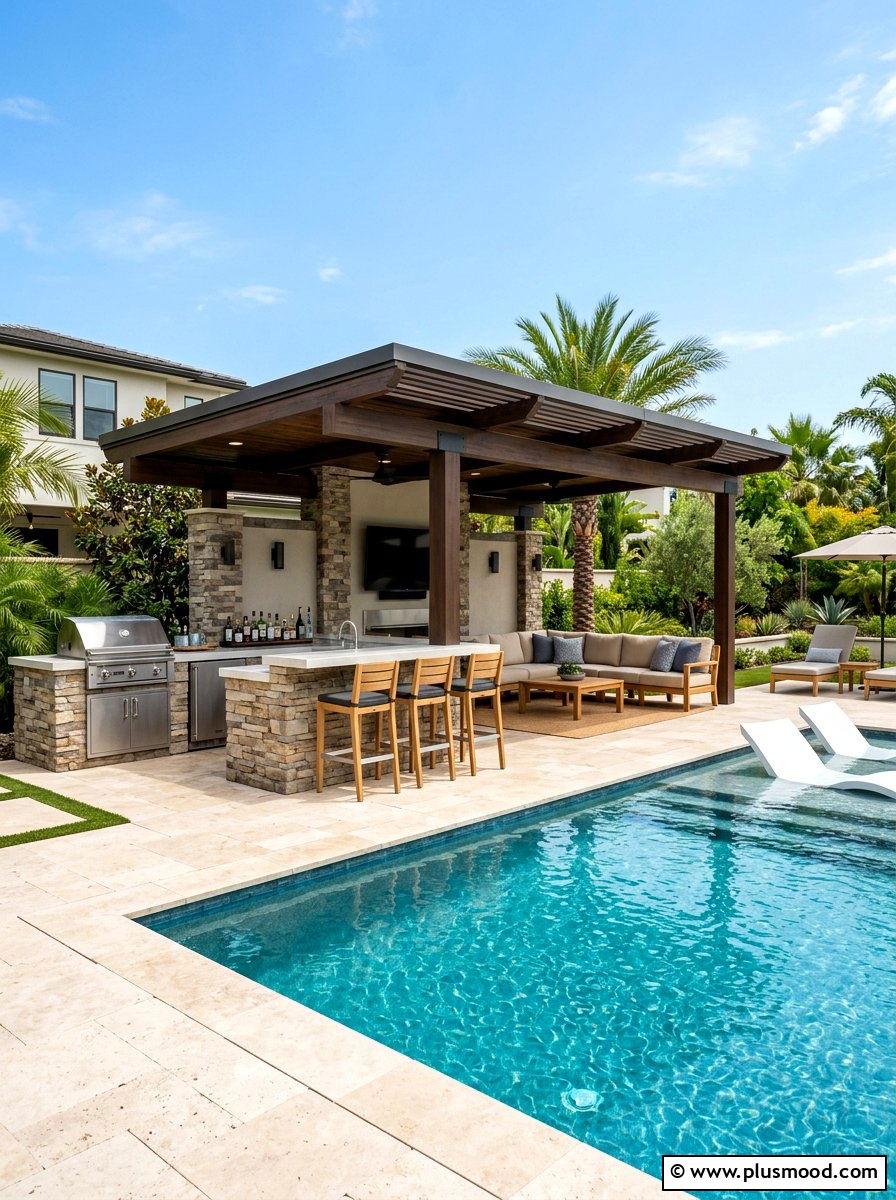 Outdoor Kitchen Pool Cabana - 25 pool landscaping ideas for rectangular pools