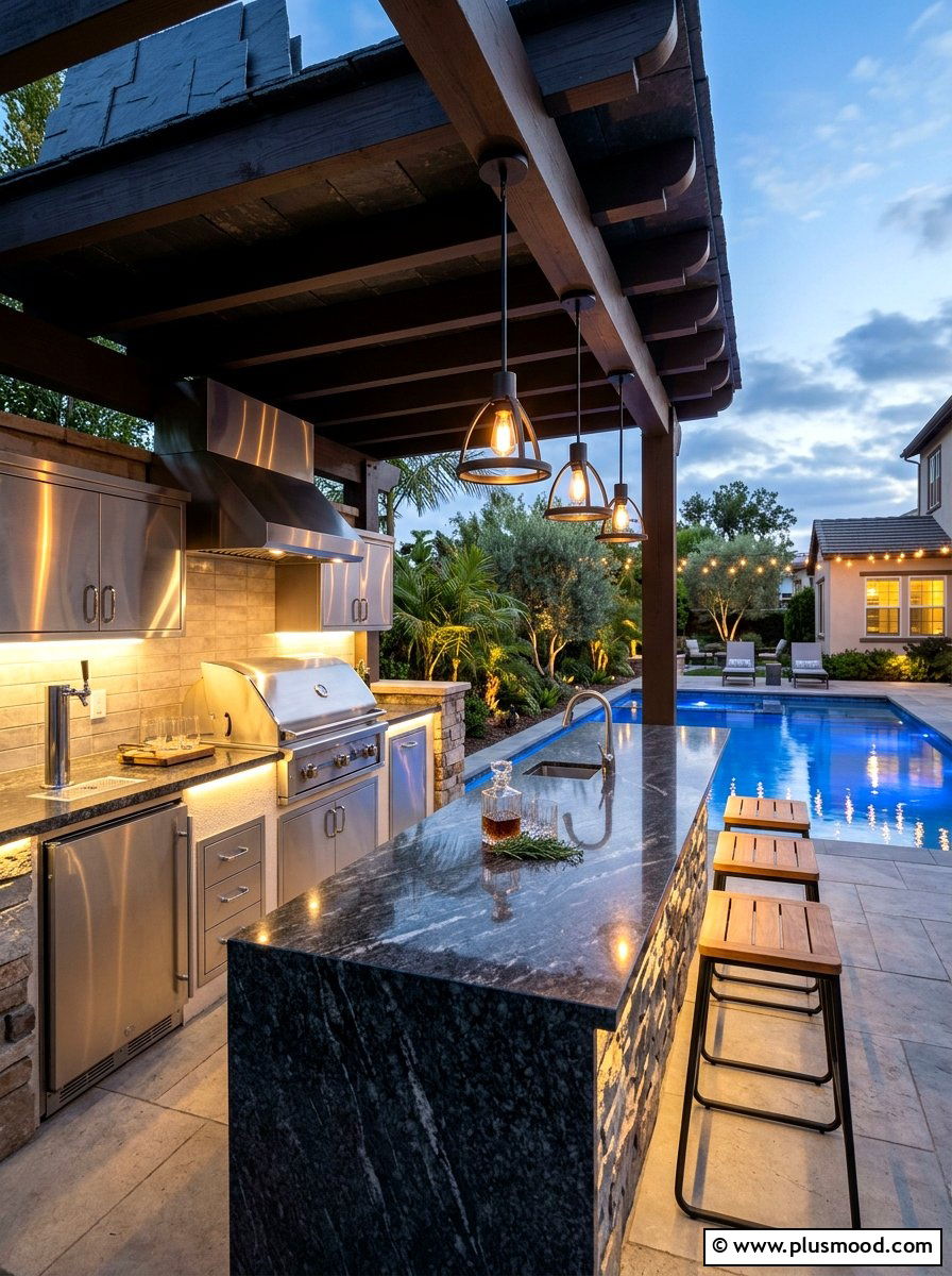 Outdoor Pool Kitchen With Task Lighting - 25 pool landscaping ideas with night lighting
