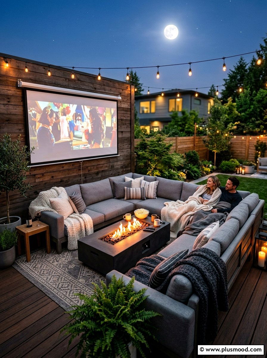 Outdoor Sectional Movie Zone - 25 small backyard ideas with movie screen