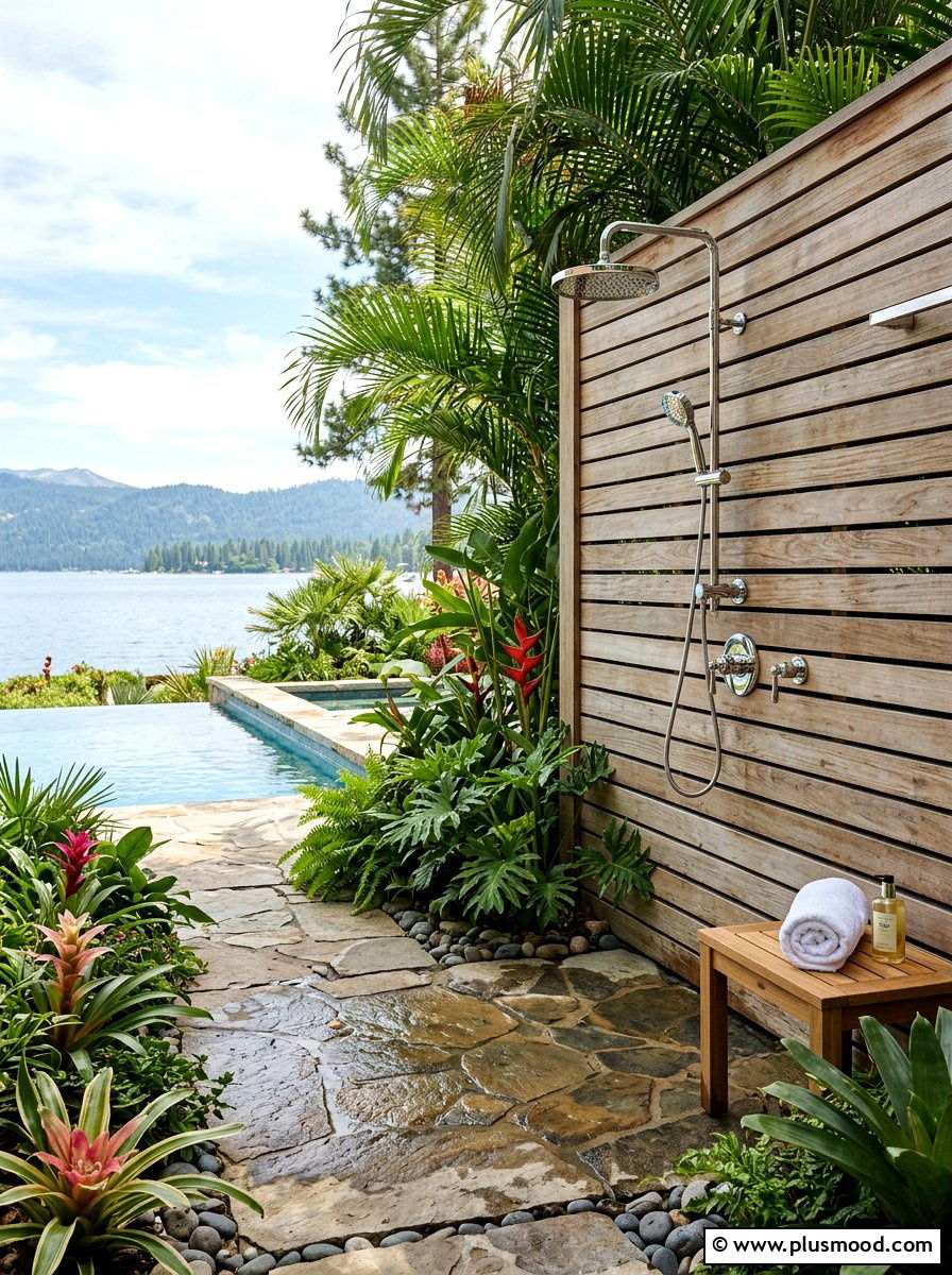 Outdoor Shower Near Lakefront Pool - 25 pool landscaping ideas for lakefront homes