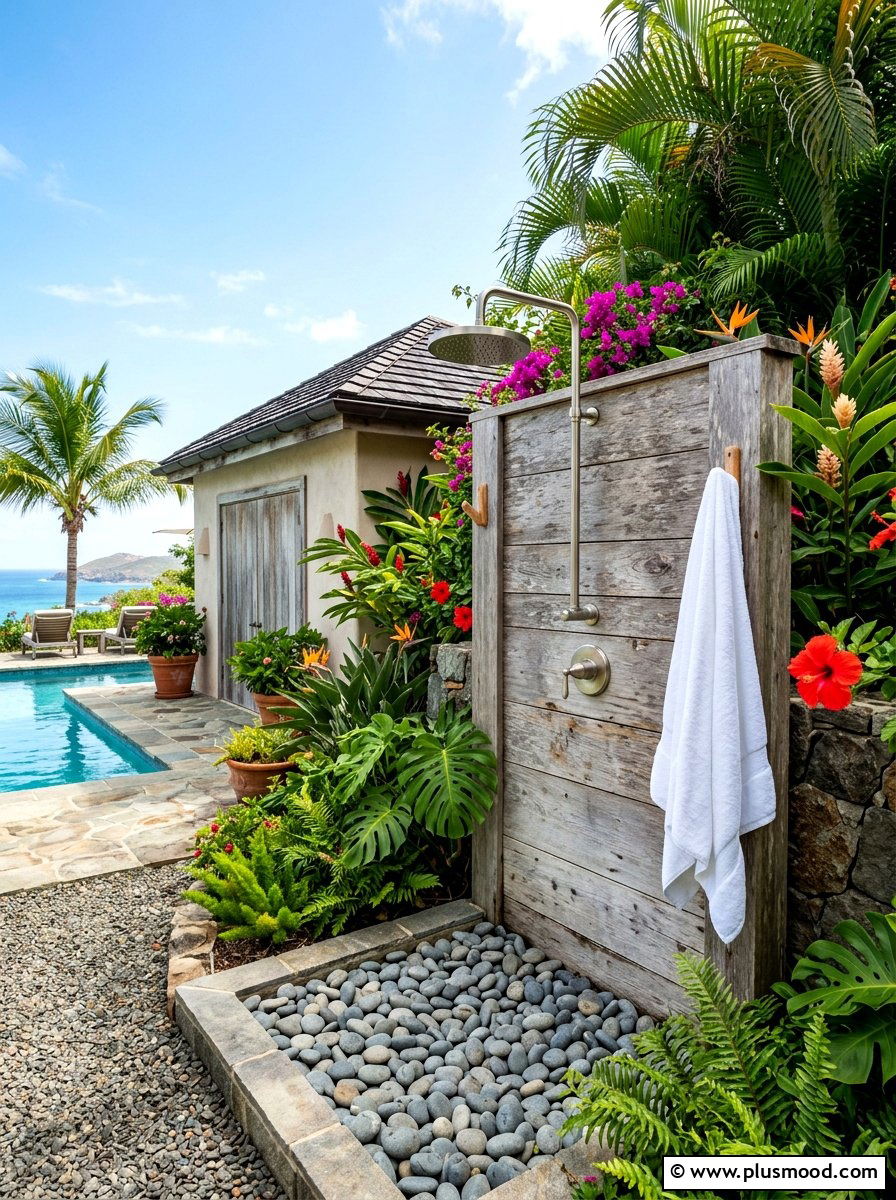Outdoor Shower Station - 25 summer coastal pool area ideas