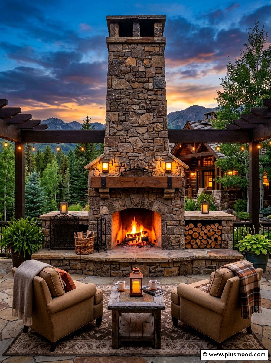 Outdoor Stone Fireplace - 25 summer entertaining patio ideas
