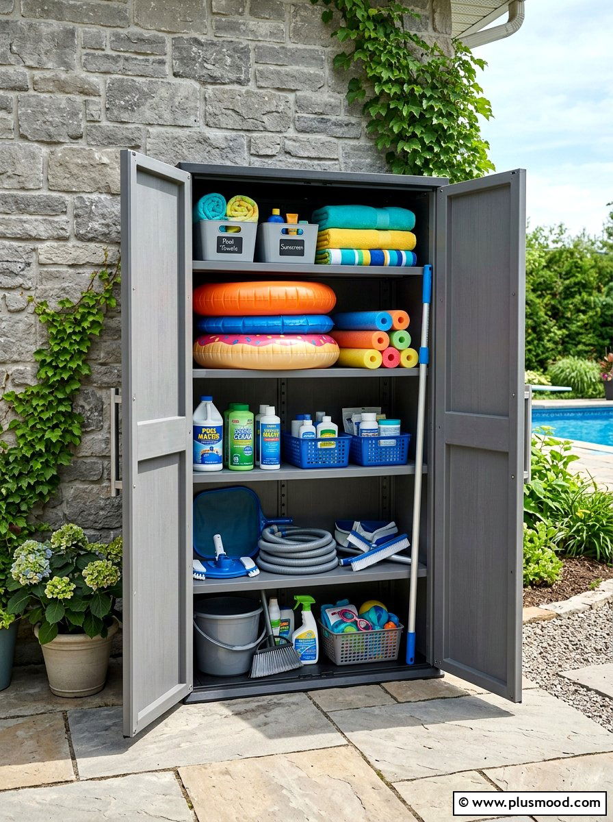 Outdoor Storage Cabinet - 25 summer pool float storage ideas