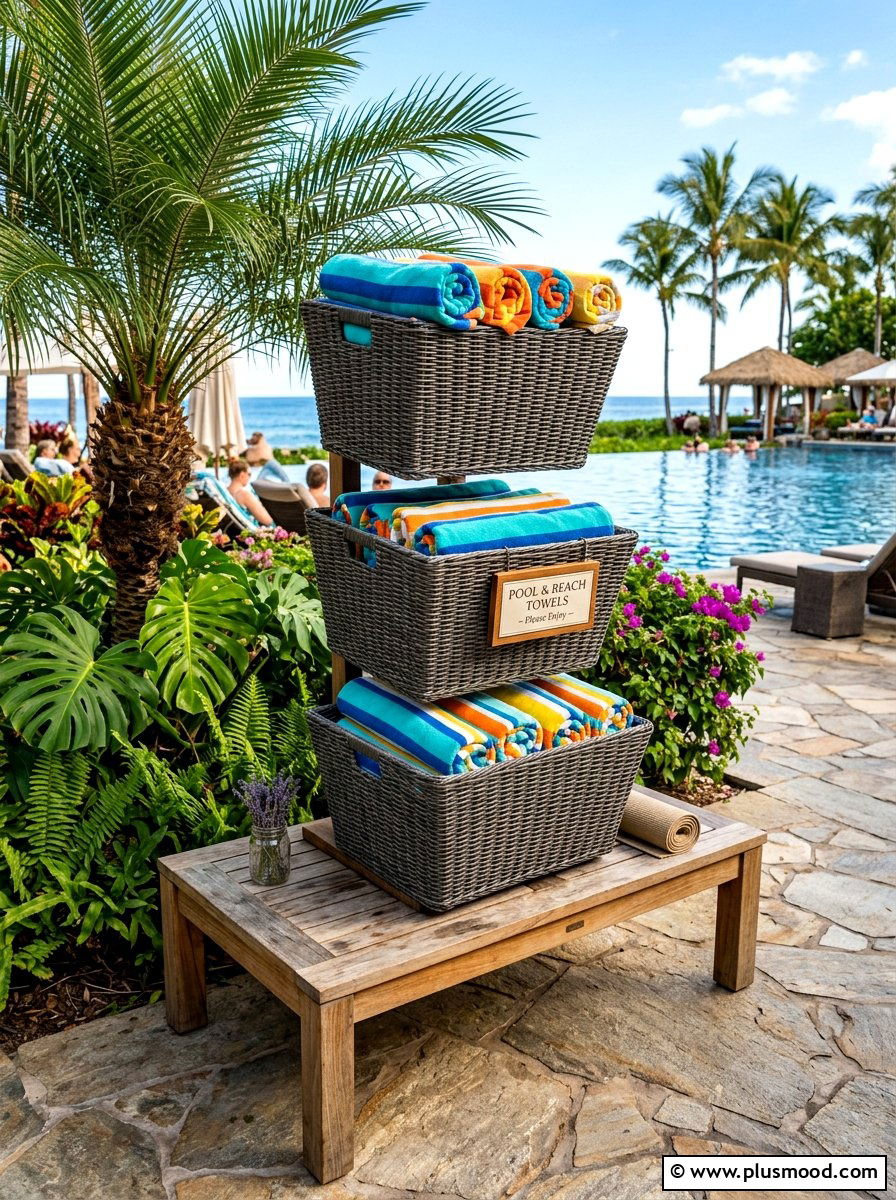 Outdoor Wicker Basket Towel Station - 25 summer towel station ideas for pool area