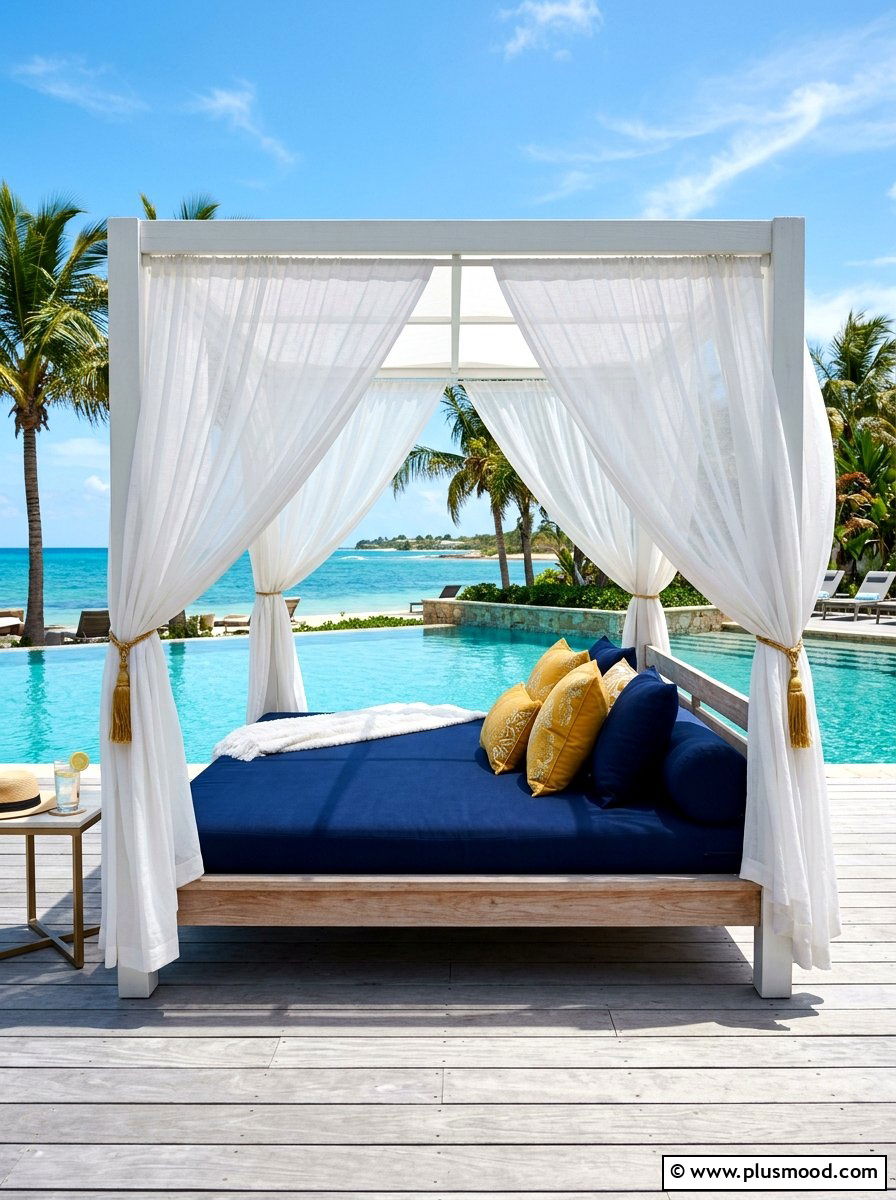 Outdoor daybed with curtains - 25 summer cozy poolside nook ideas