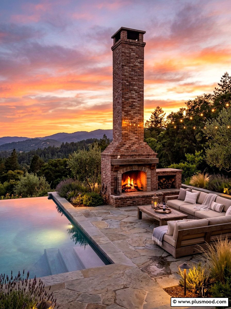 Outdoor fireplace pool area - 25 pool landscaping ideas for colonial homes
