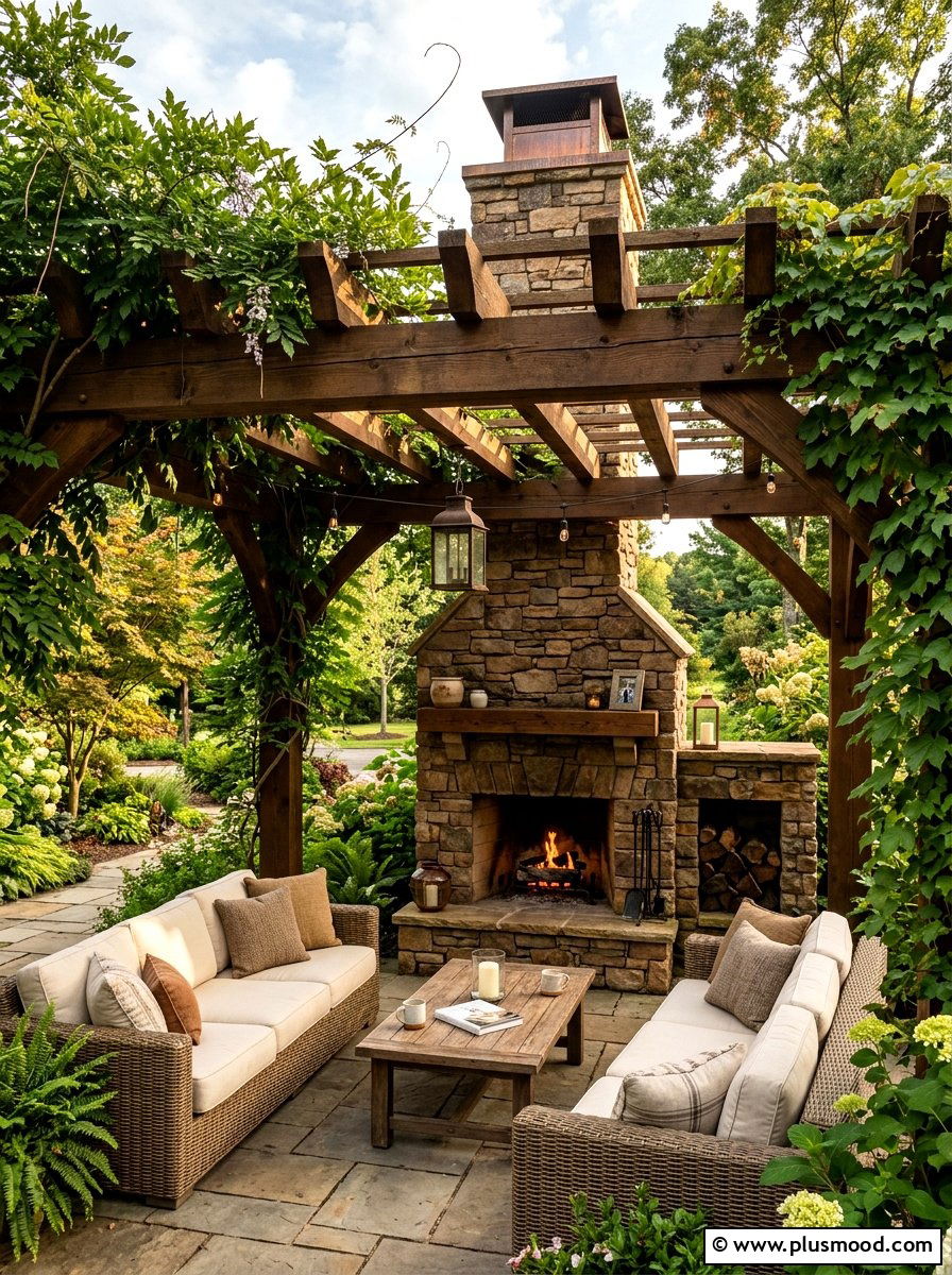 Outdoor fireplace under wooden pergola - 25 small backyard ideas with outdoor fireplace