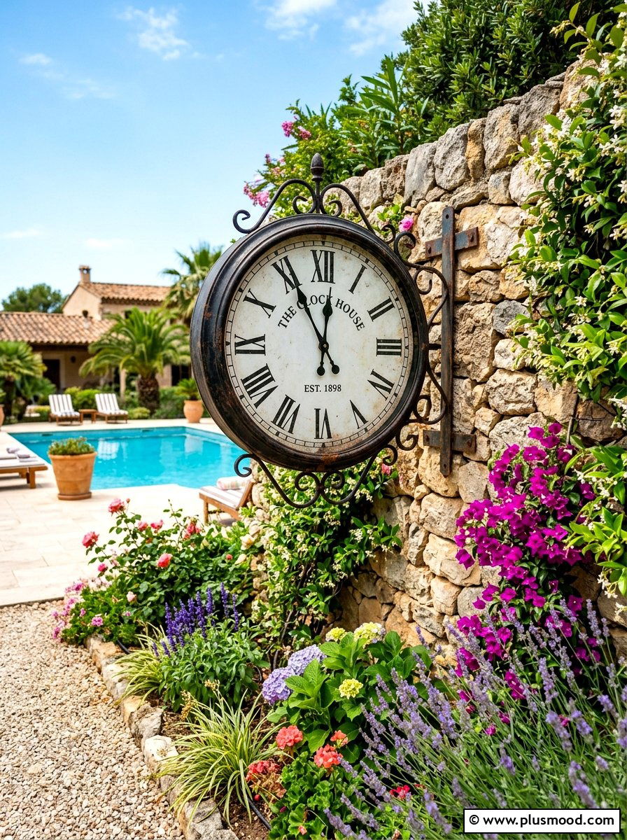 Outdoor garden clock for pool area - 25 summer pool fence decor ideas