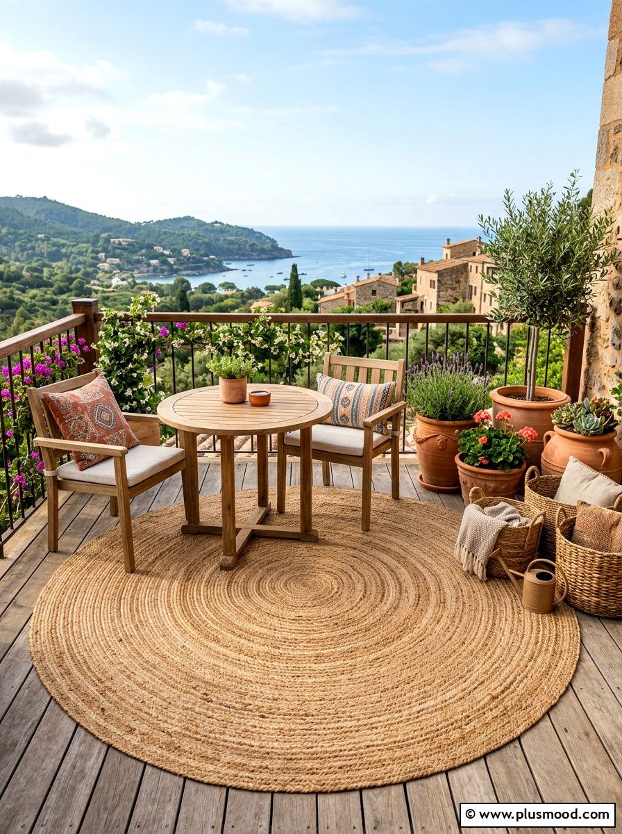 Outdoor jute rug for balcony - 25 summer boho balcony ideas