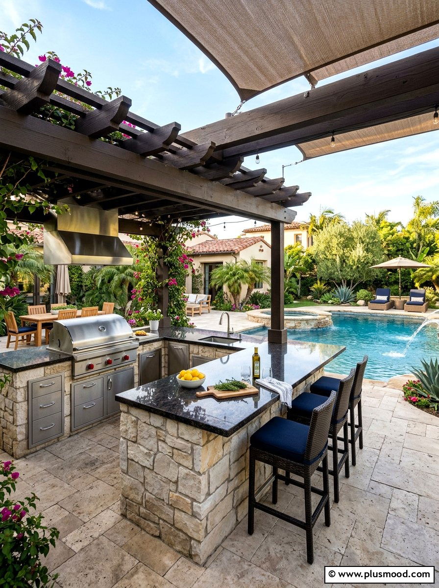 Outdoor kitchen area - 25 pool landscaping ideas for desert climates