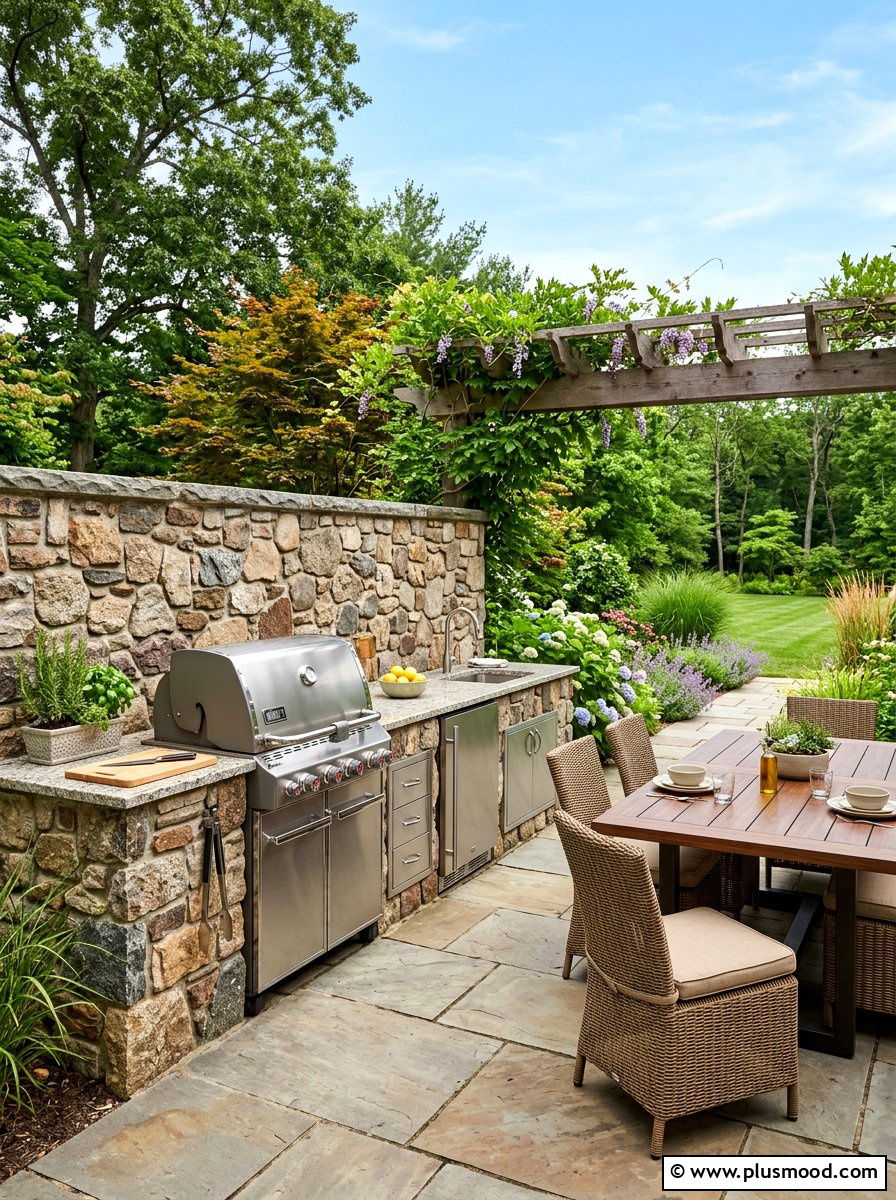 Outdoor kitchen stone wall - 25 small backyard ideas with stone wall
