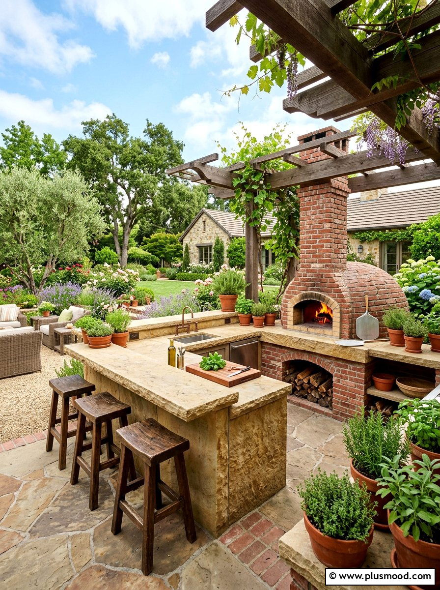 Outdoor kitchen with brick oven - 25 summer rustic backyard ideas