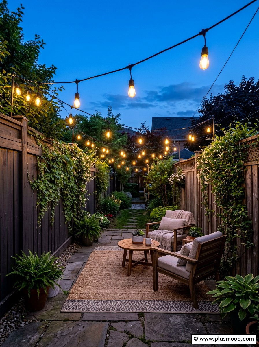 Outdoor lighting string - 25 small backyard ideas for narrow lots
