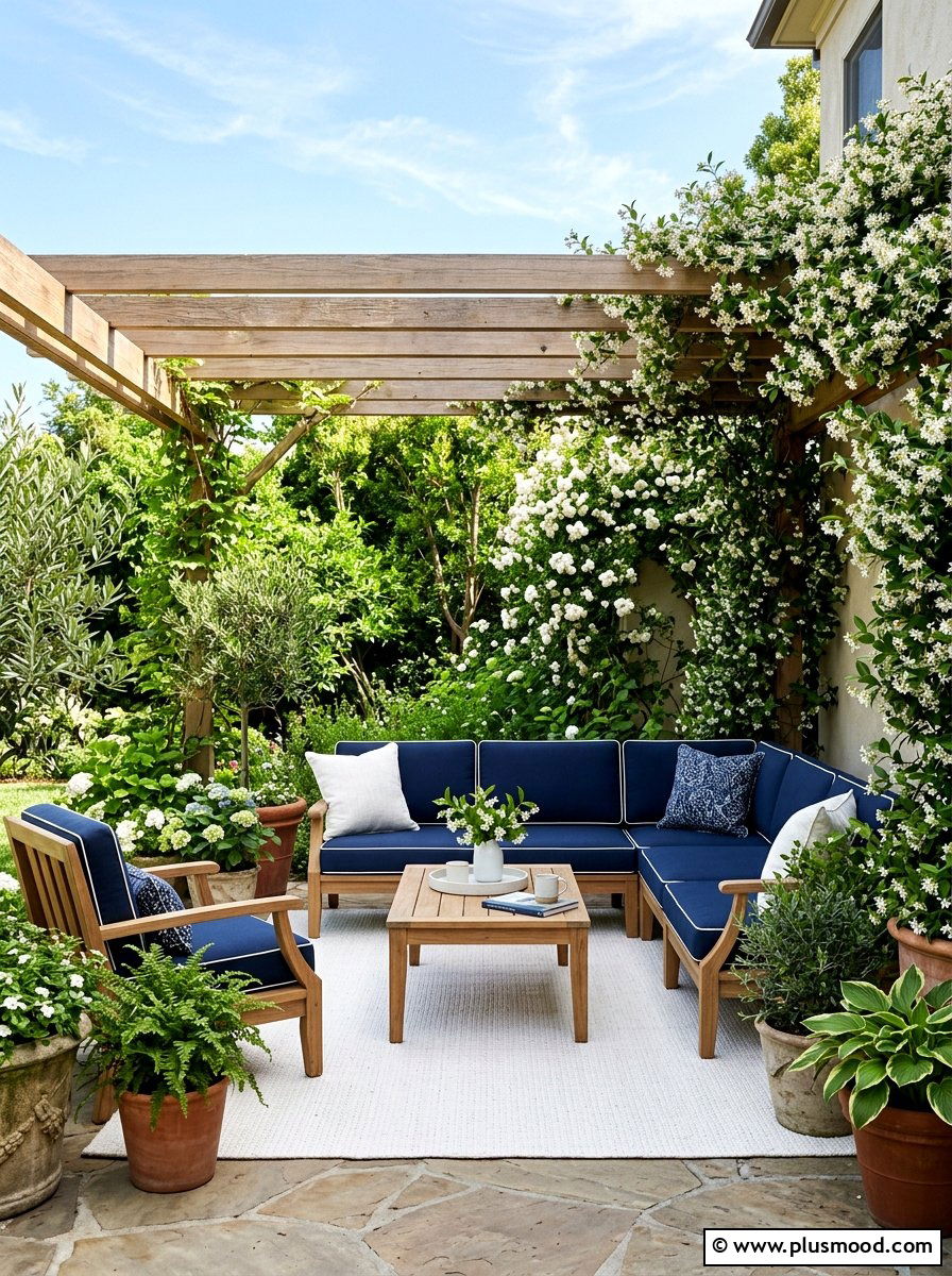 Outdoor patio with blue cushions - 25 summer decor ideas with blue and white
