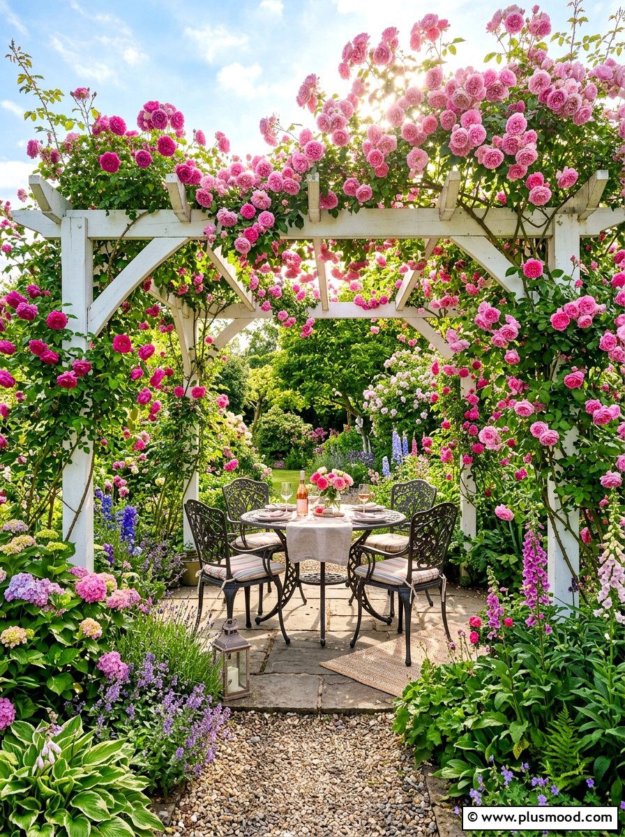 Outdoor pergola climbing roses retreat - 25 summer French country summer decor ideas