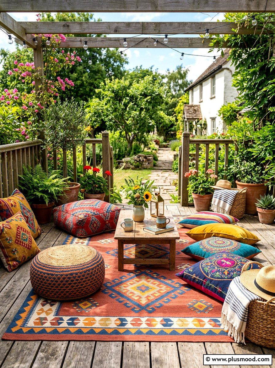 Outdoor rug floor cushions - 25 cozy summer backyard ideas