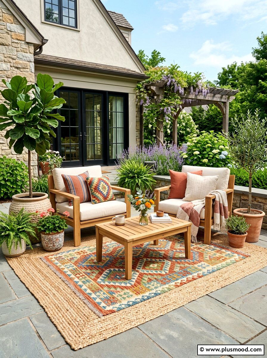 Outdoor rug layering - 25 summer patio lounge ideas