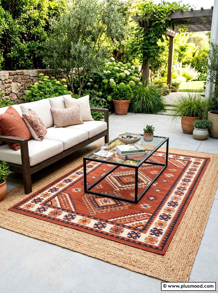 Outdoor rug layering - 25 summer to fall outdoor entertaining ideas