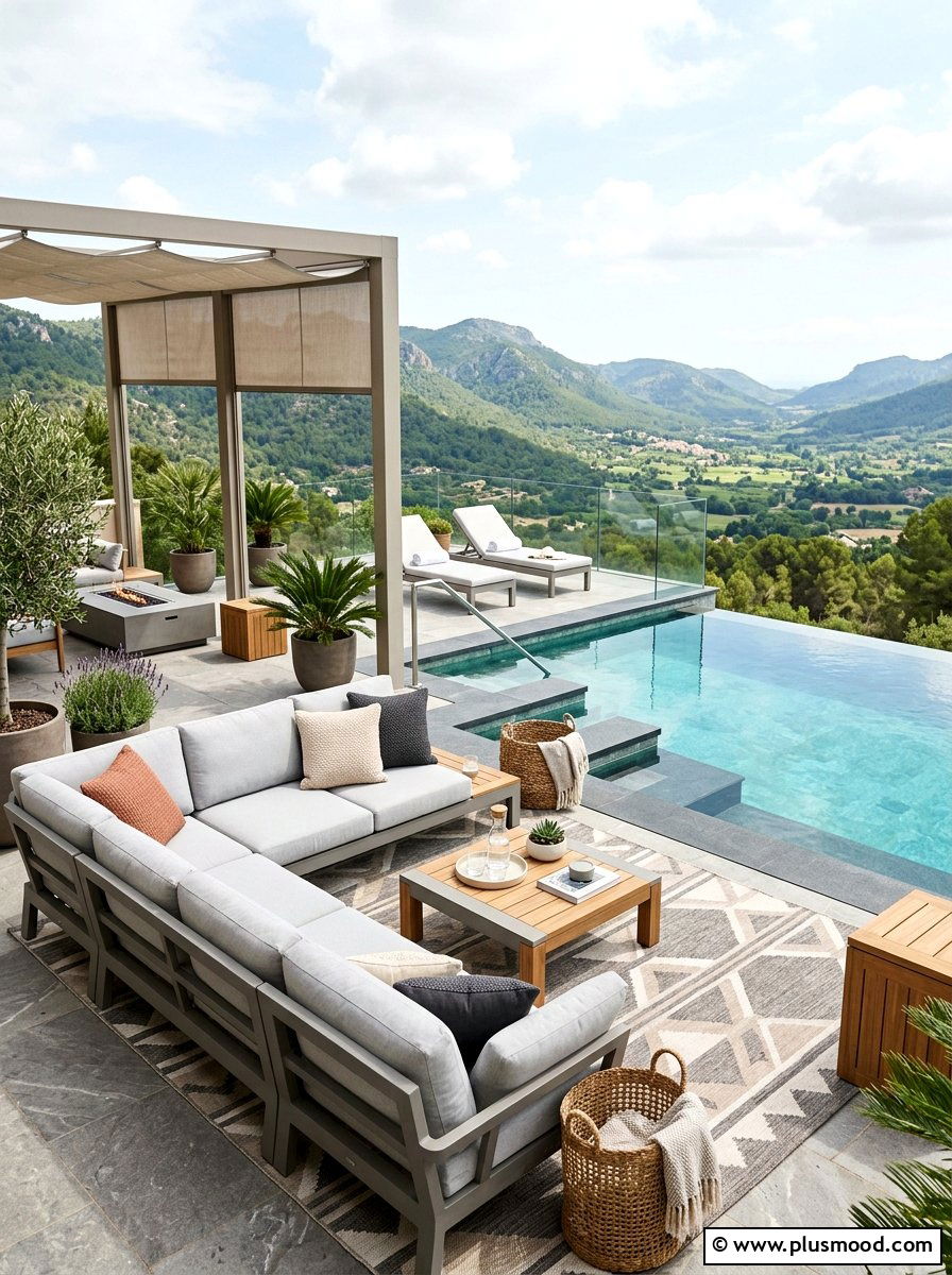 Outdoor seating area with pool view - 25 pool landscaping ideas for corner pools