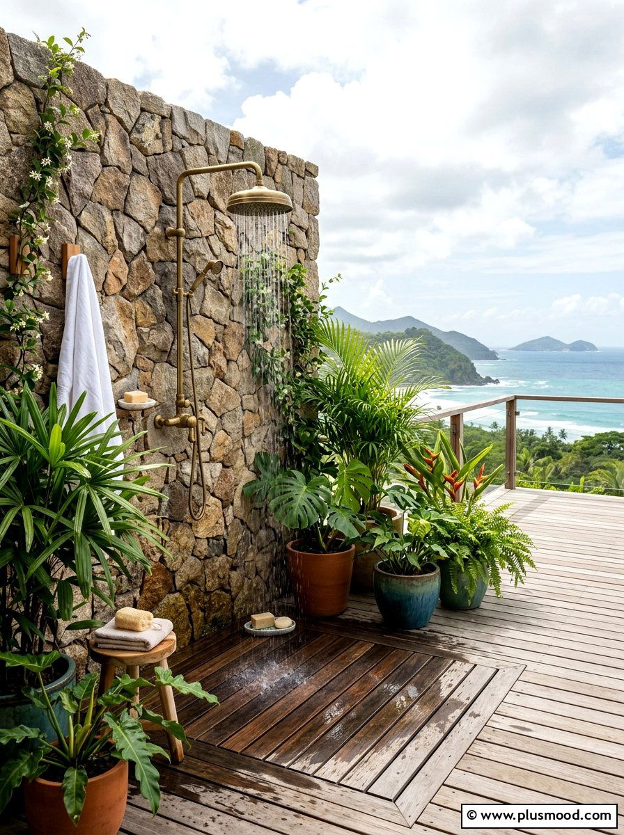 Outdoor shower area - 25 pool landscaping ideas for rooftop pools