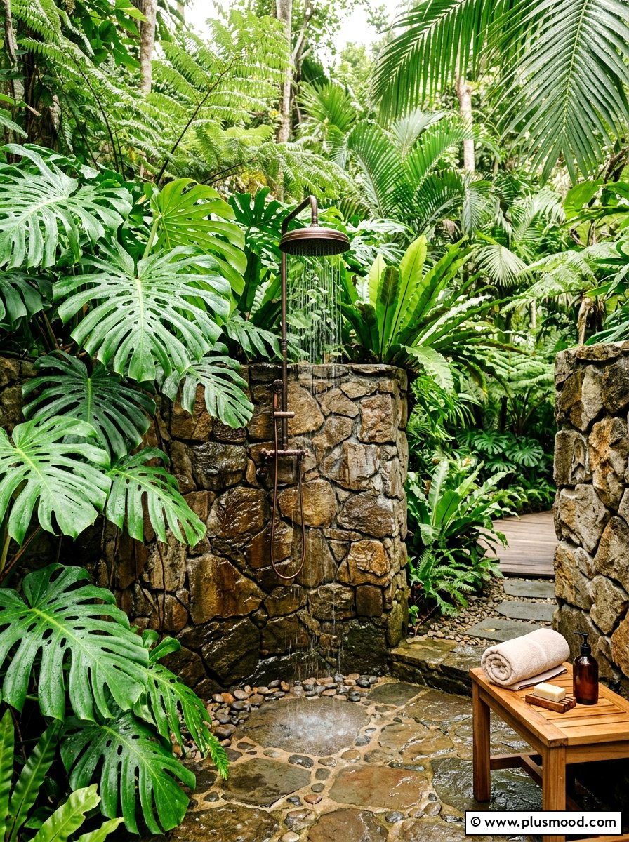Outdoor shower with tropical plants - 25 pool landscaping ideas with tropical plants