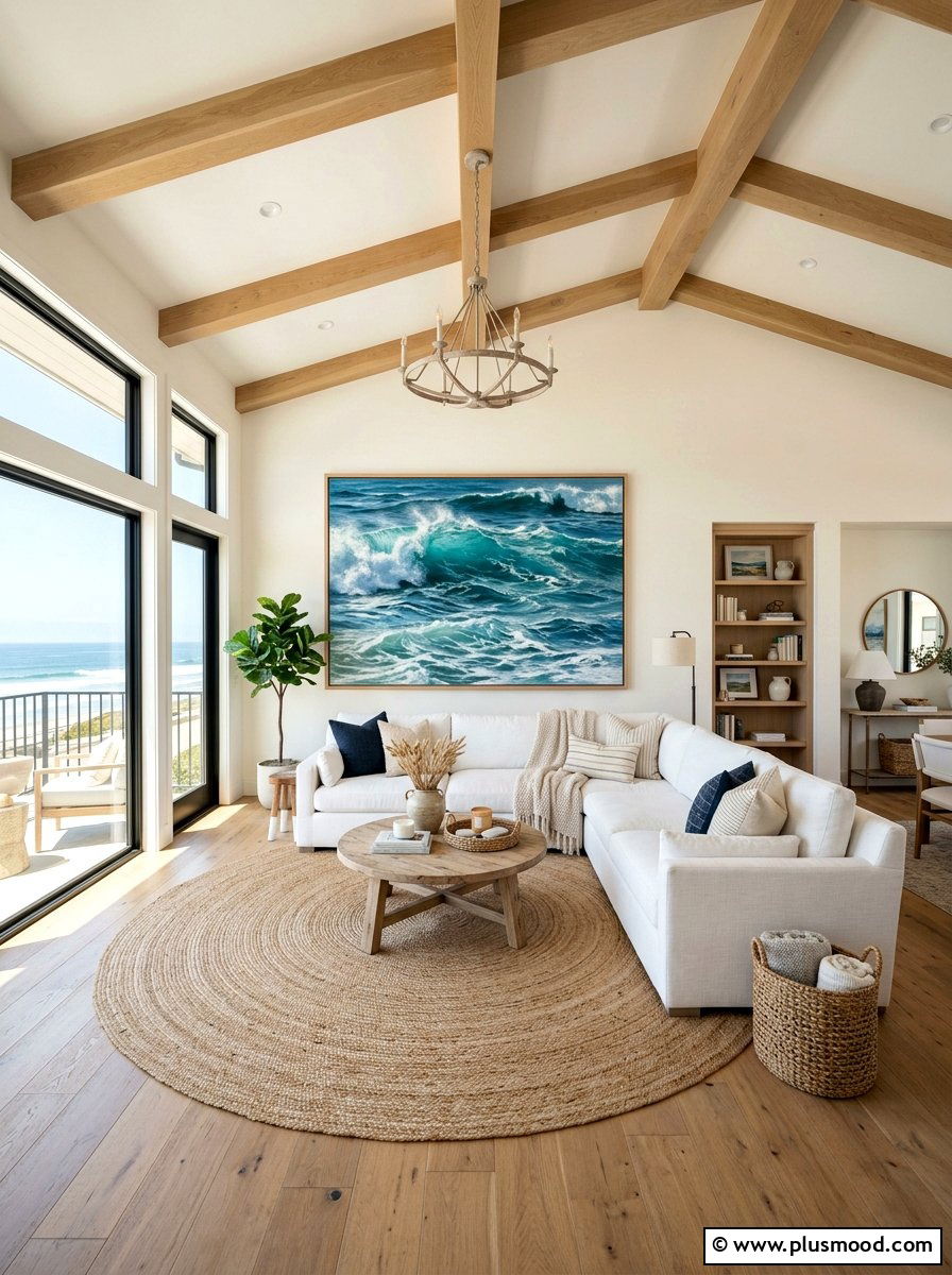 Oversized Coastal Wall Art - 25 summer coastal farmhouse living room ideas