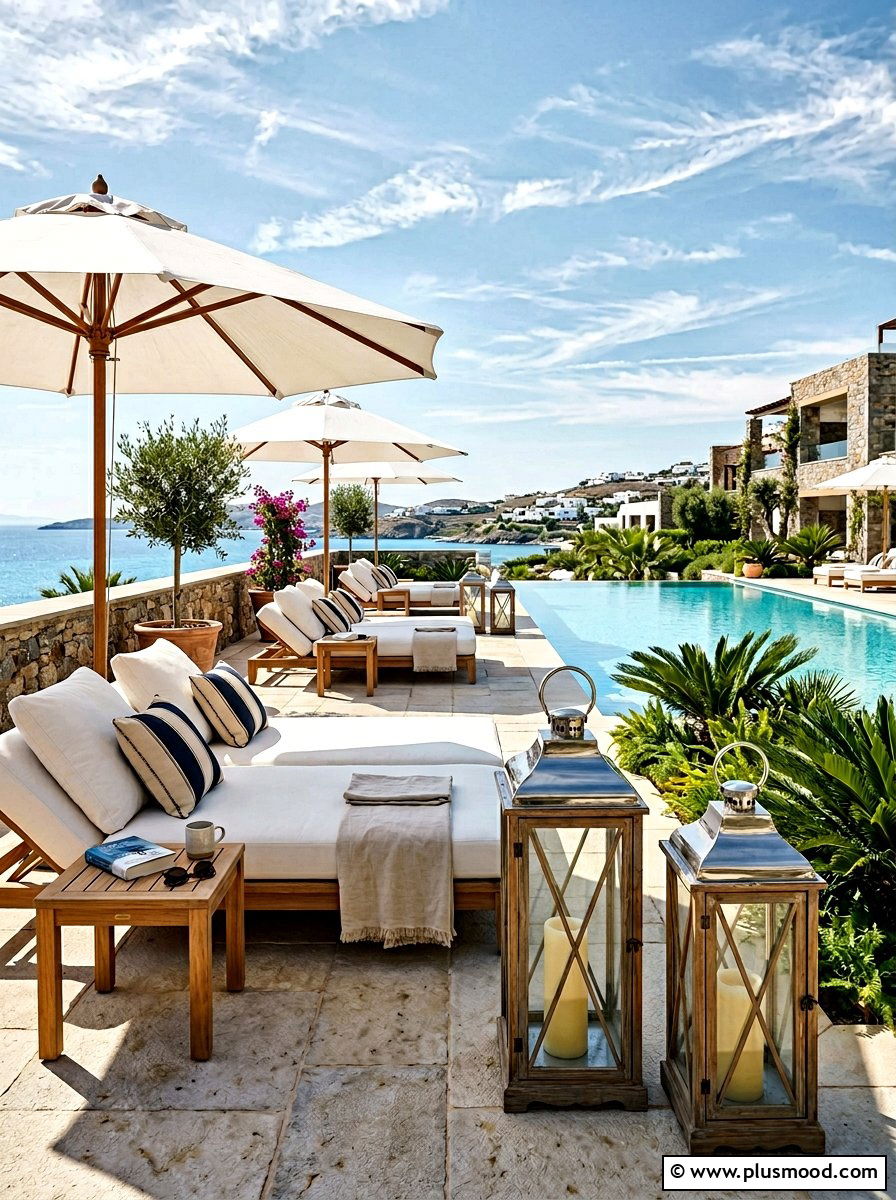 Oversized Floor Lanterns Near Pool Loungers - 25 pool landscaping ideas with lanterns