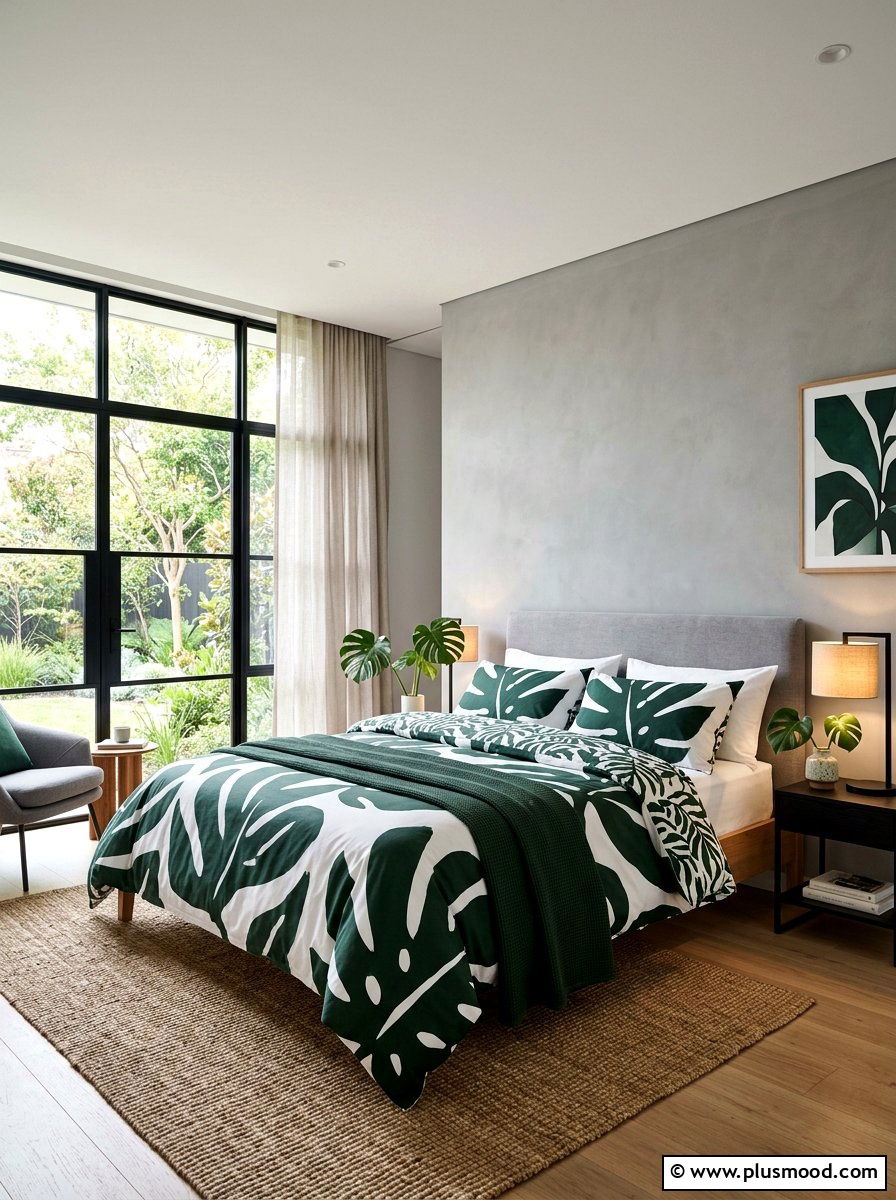 Oversized Leaf Print Bedding - 25 summer botanical bedroom ideas