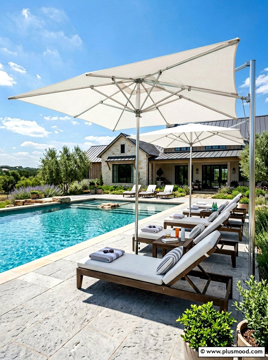 Oversized Pool Umbrellas - 25 summer farmhouse pool area ideas