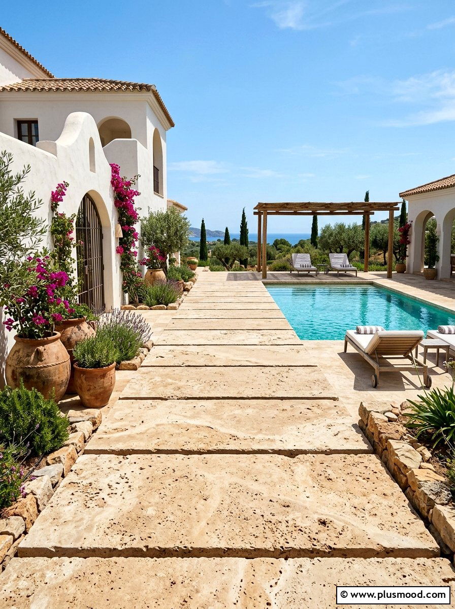 Oversized travertine slabs - 25 pool landscaping ideas with stepping stones