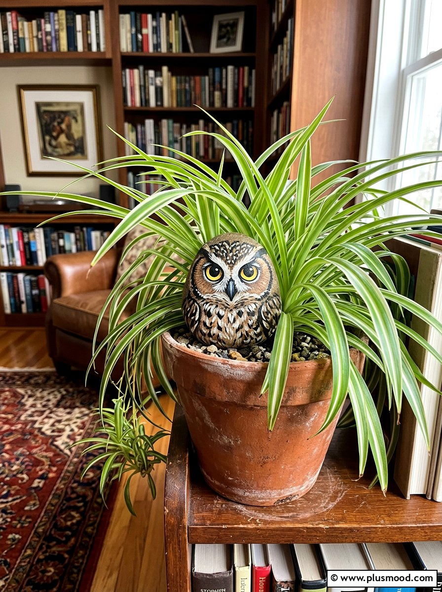 Owl face painted rock for planter - 25 painted rock ideas for plant pot decoration