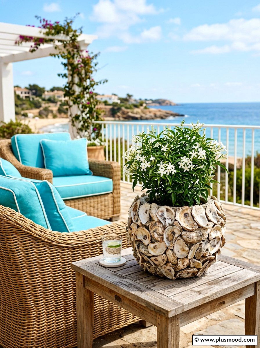Oyster shell encrusted planter - 25 summer coastal planter ideas
