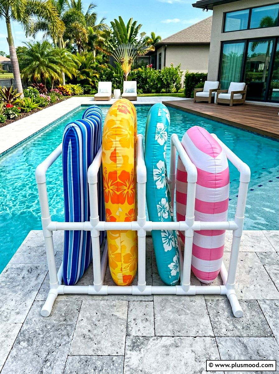 PVC Pool Float Rack - 25 summer pool float storage ideas