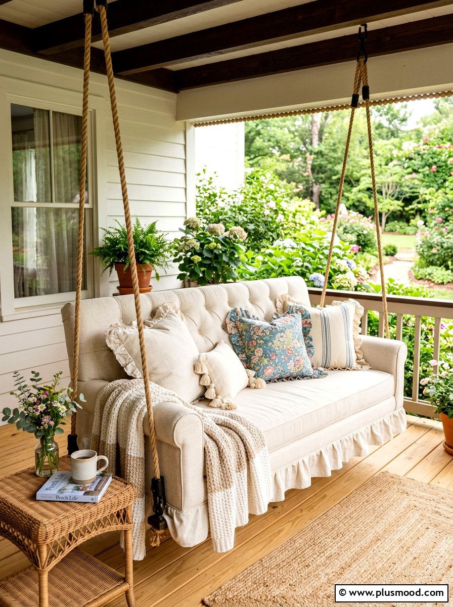 Padded Fabric Porch Swing - 25 summer front porch swing ideas