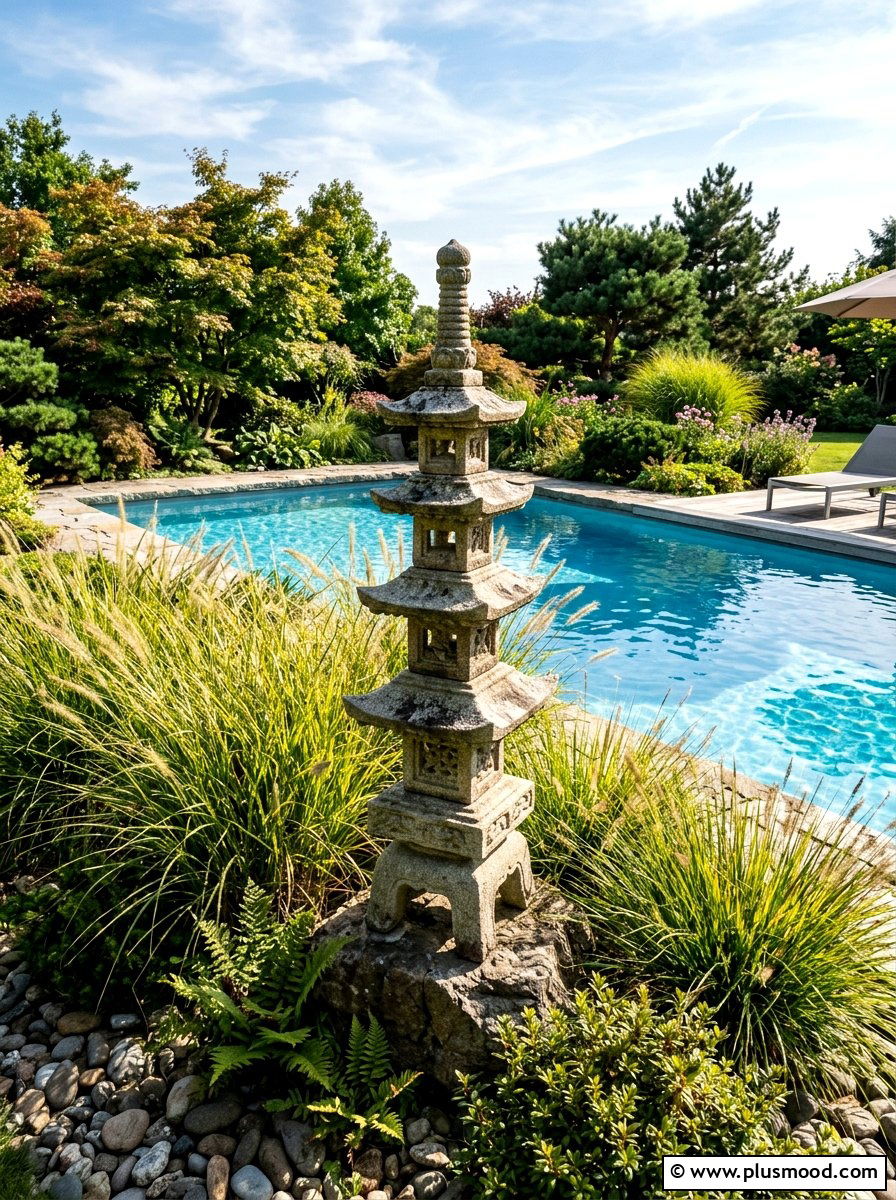 Pagoda Statue Pool Accent - 25 pool landscaping ideas with Japanese style