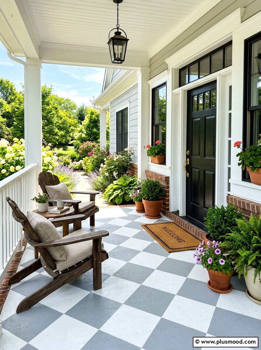 Painted Checkered Porch Floor - 25 summer front porch makeover ideas
