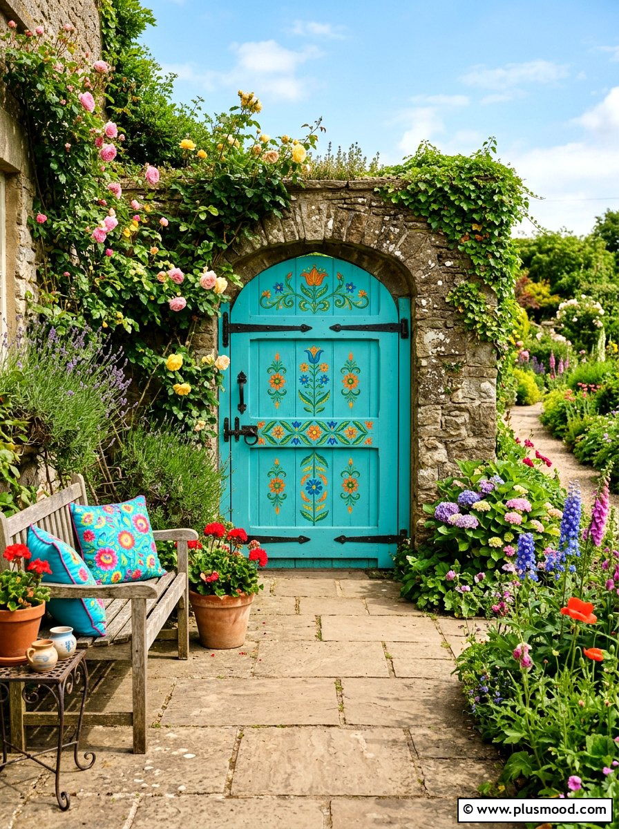 Painted Colorful Gate - 25 small backyard ideas with gate entry
