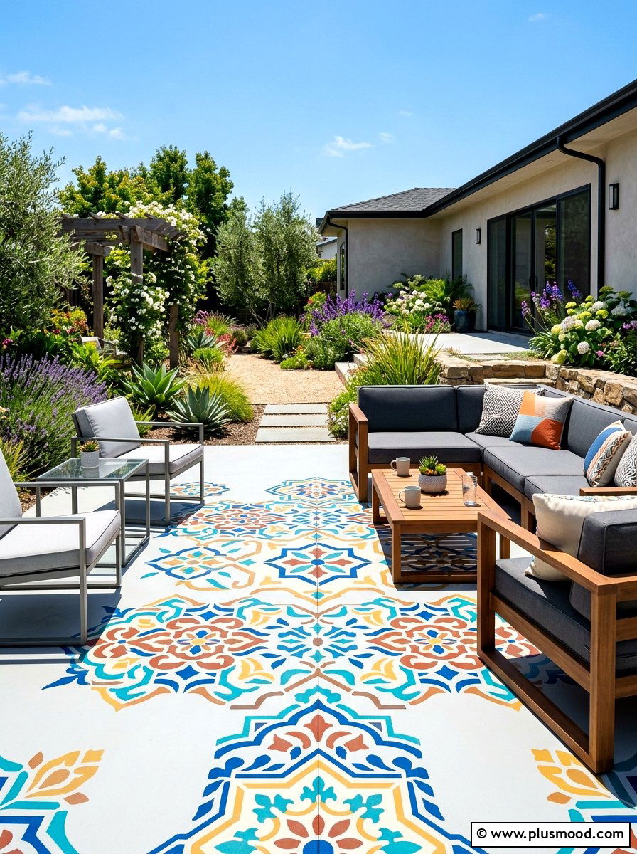Painted Concrete Patio - 25 budget summer backyard makeover ideas