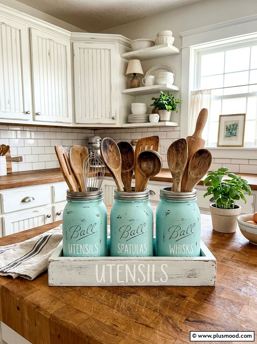 Painted Mason Jar Organizer - 25 summer kitchen decor ideas on a budget