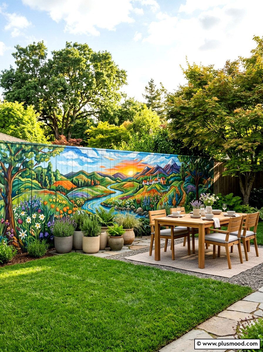 Painted Mural Fence - 25 small backyard ideas with privacy fence