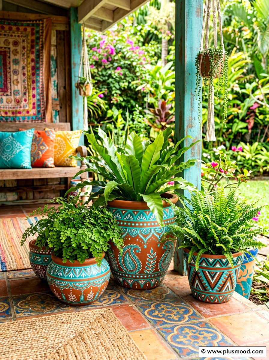 Painted Terracotta Fern Pots - 25 summer potted fern ideas for porch