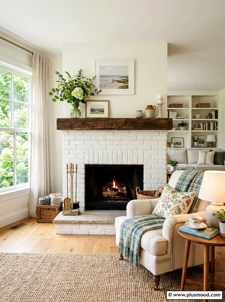 Painted brick fireplace hearth - 25 summer English cottage summer decor ideas